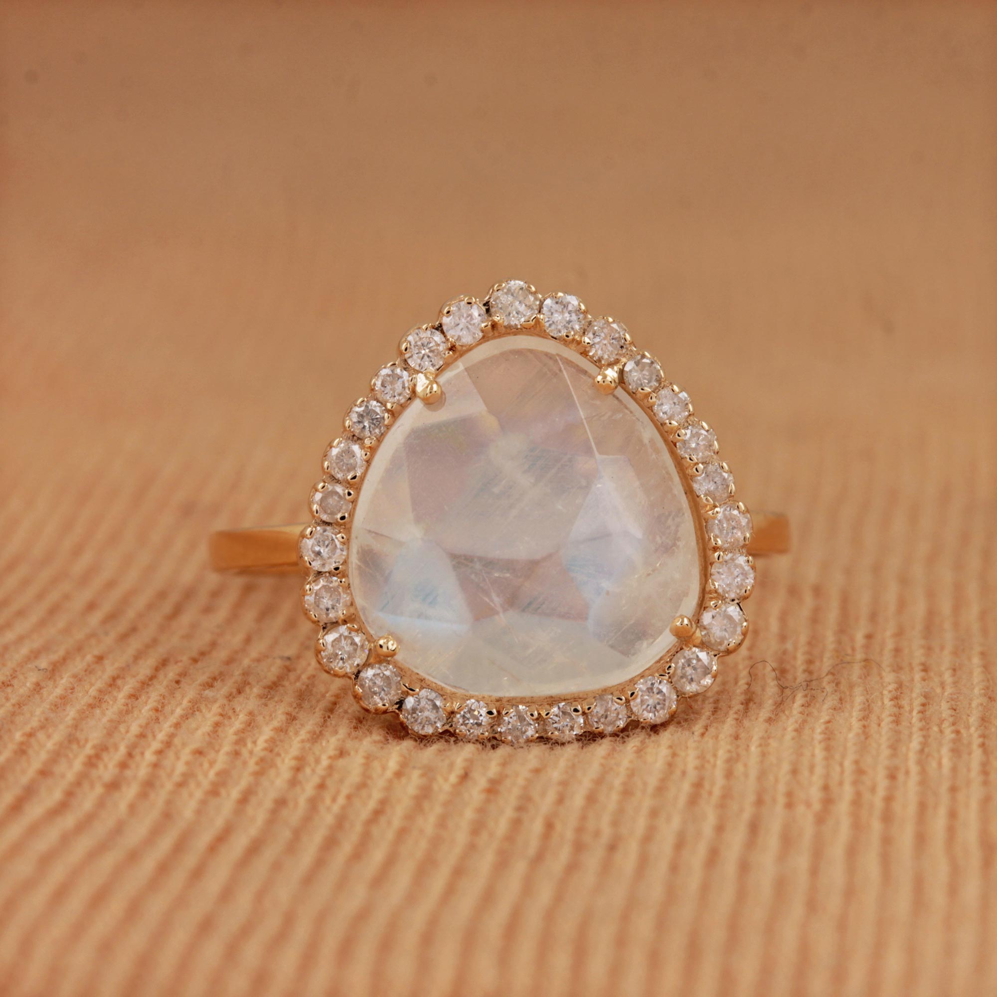 Moonstone 14K Solid Gold Ring Pave Diamond Fine Jewelry