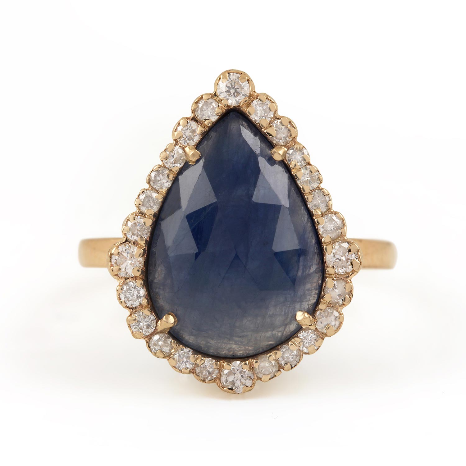 14K Solid Gold Pave Diamond Ring Blue Sapphire Gemstone Jewelry