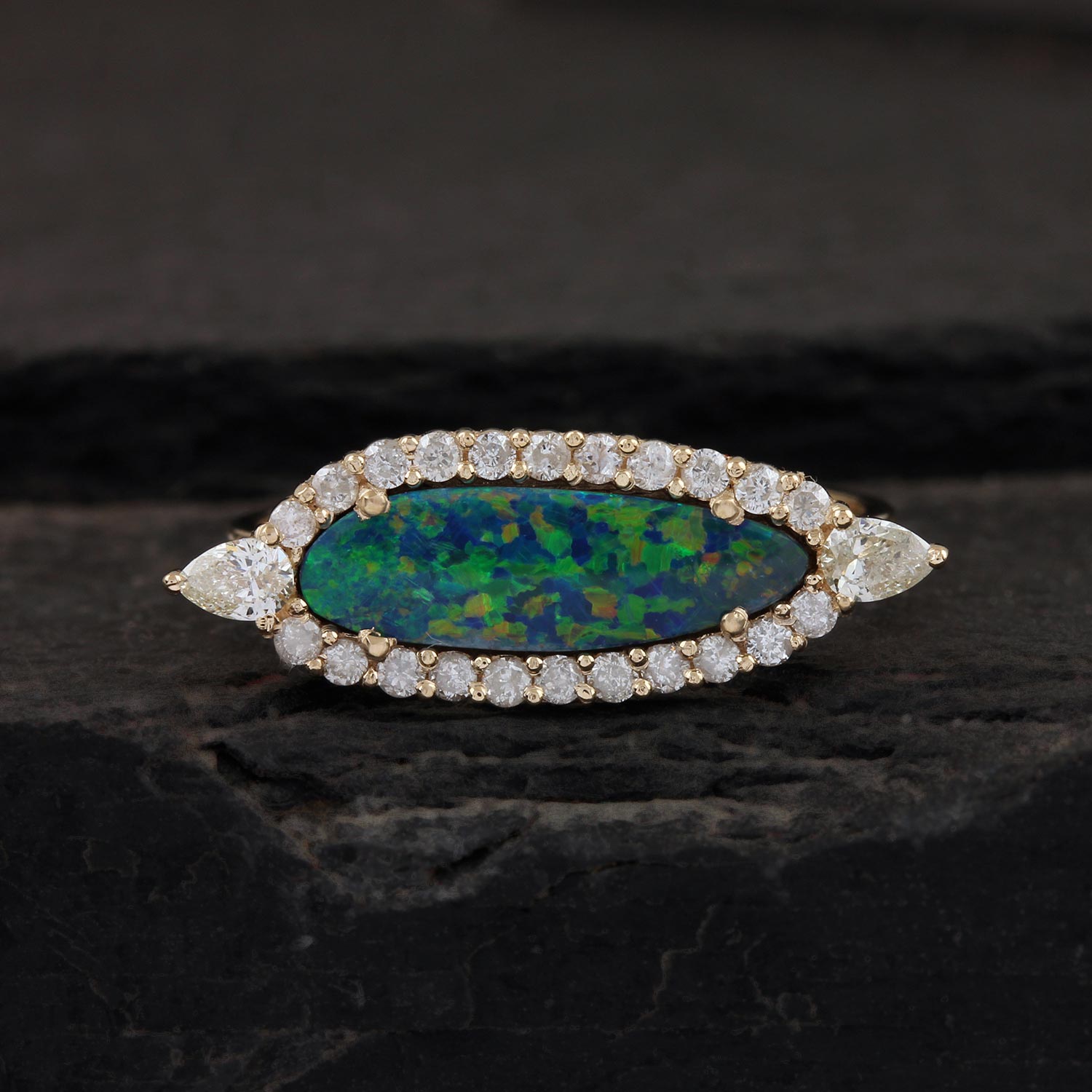 Opal Gemstone 14K Solid Gold Ring Pave Diamond Fine Jewelry