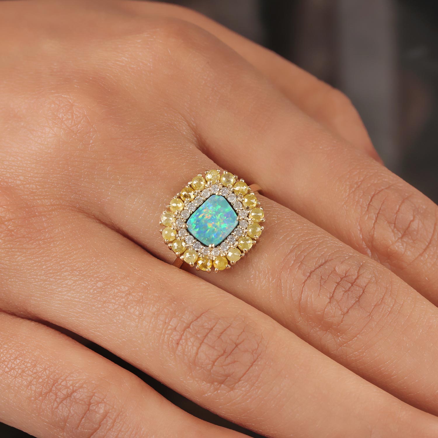 Opal Gemstone 14K Solid Gold Ring Pave Diamond Fine Jewelry