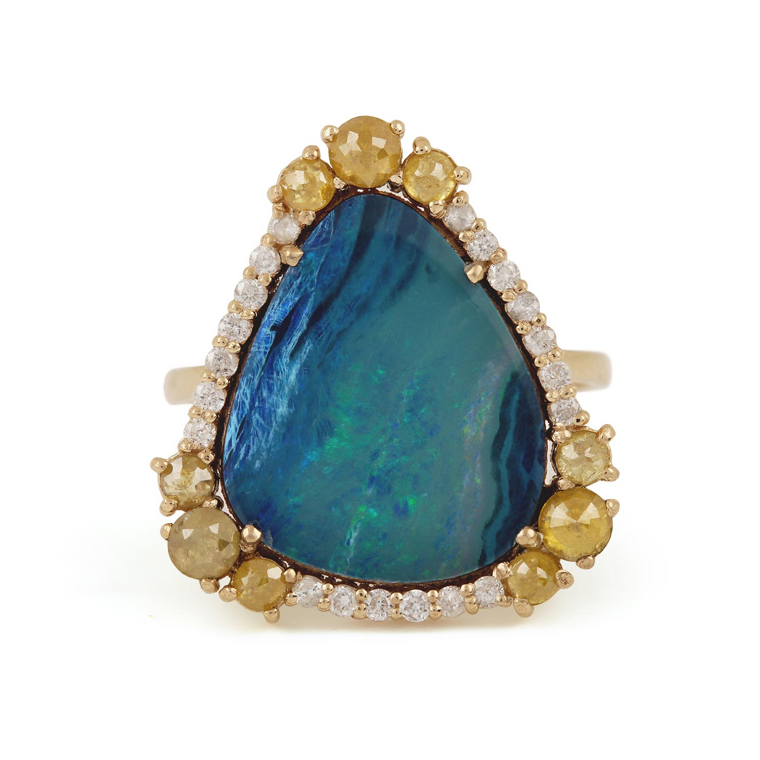 14K Solid Gold Opal Gemstone Ring Pave Diamond Fine Jewelry