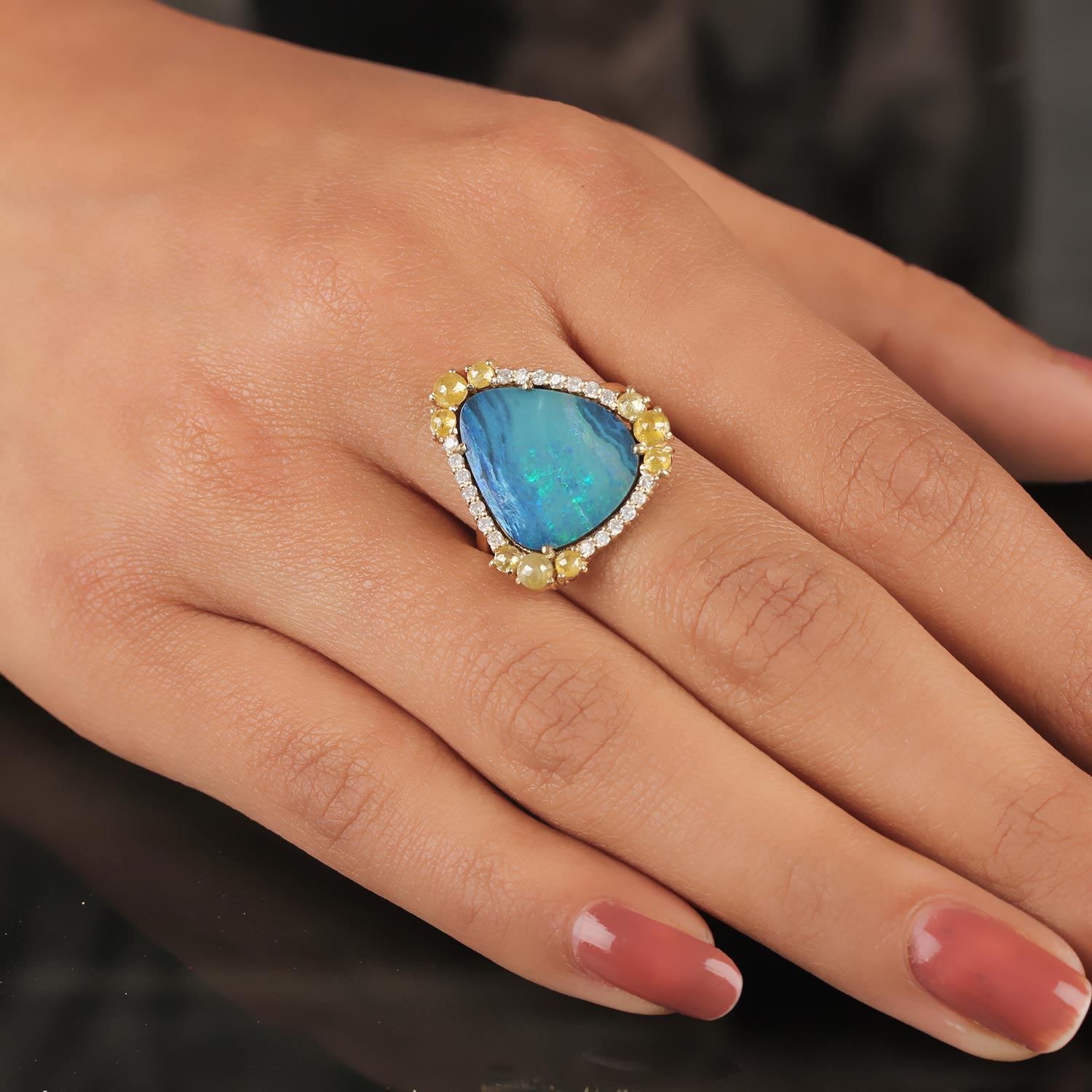 14K Solid Gold Opal Gemstone Ring Pave Diamond Fine Jewelry