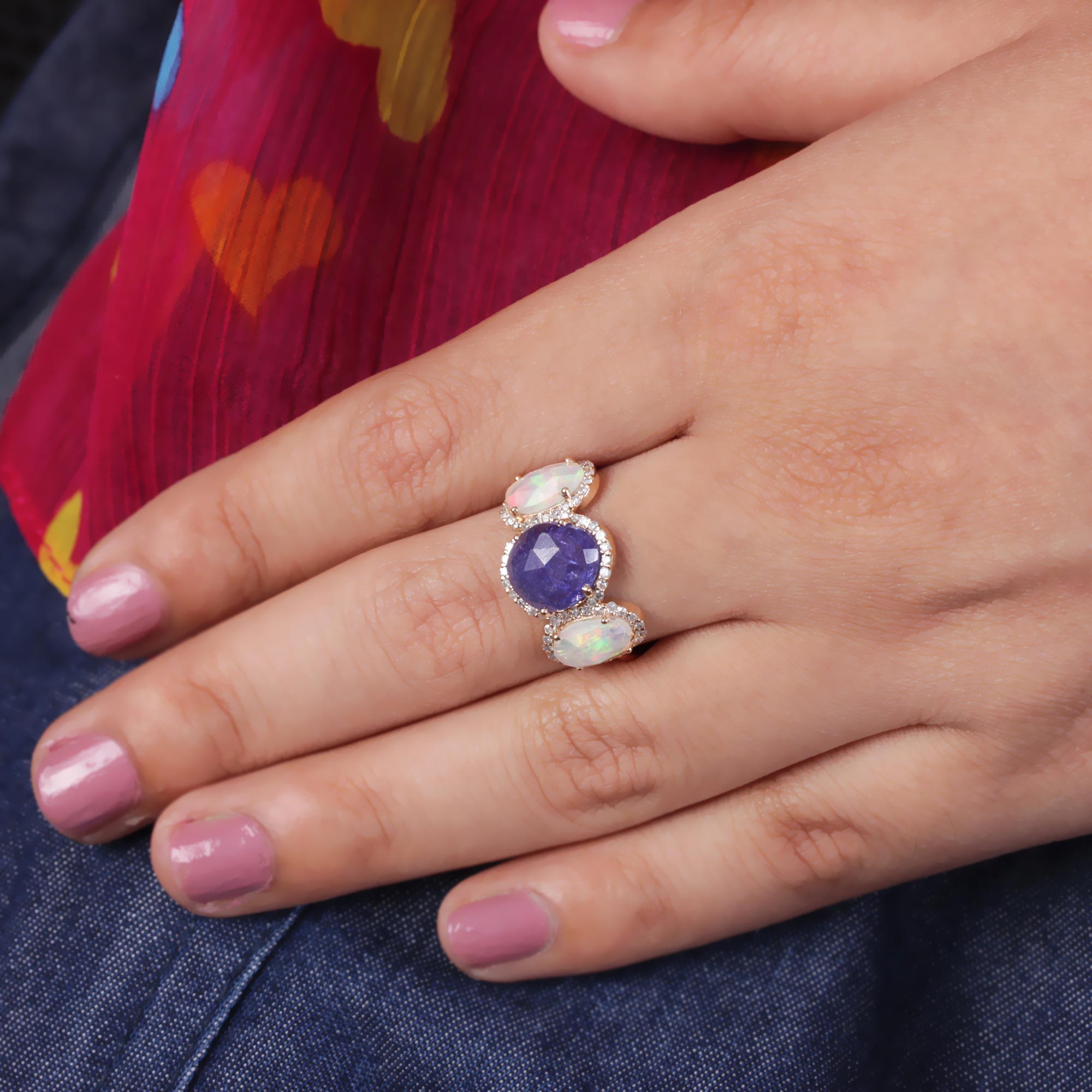 14K Solid Gold Real Pave Diamond Ring Opal Tanzanite Gemstone Jewelry