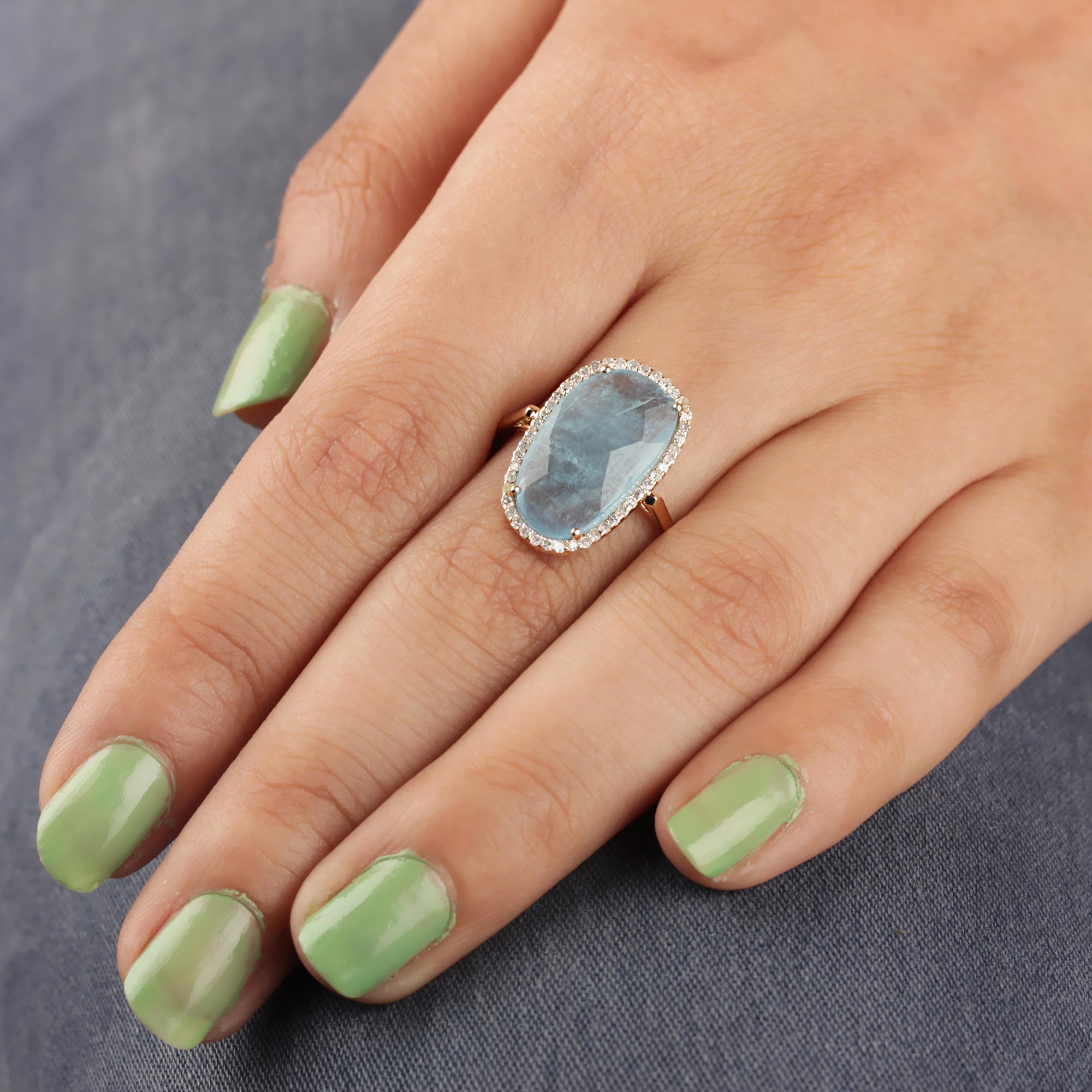 Natural Pave Diamond 14K Solid Gold Ring Aquamarine Gemstone Jewelry