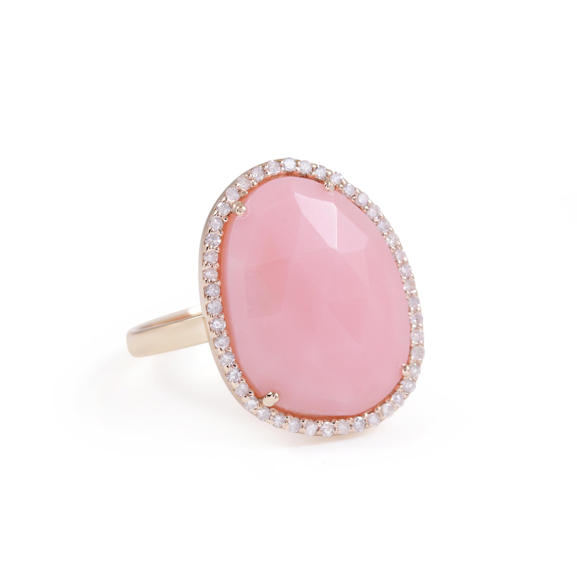 Pink Opal Gemstone Natural Pave Diamond Ring 14K Solid Gold Jewelry