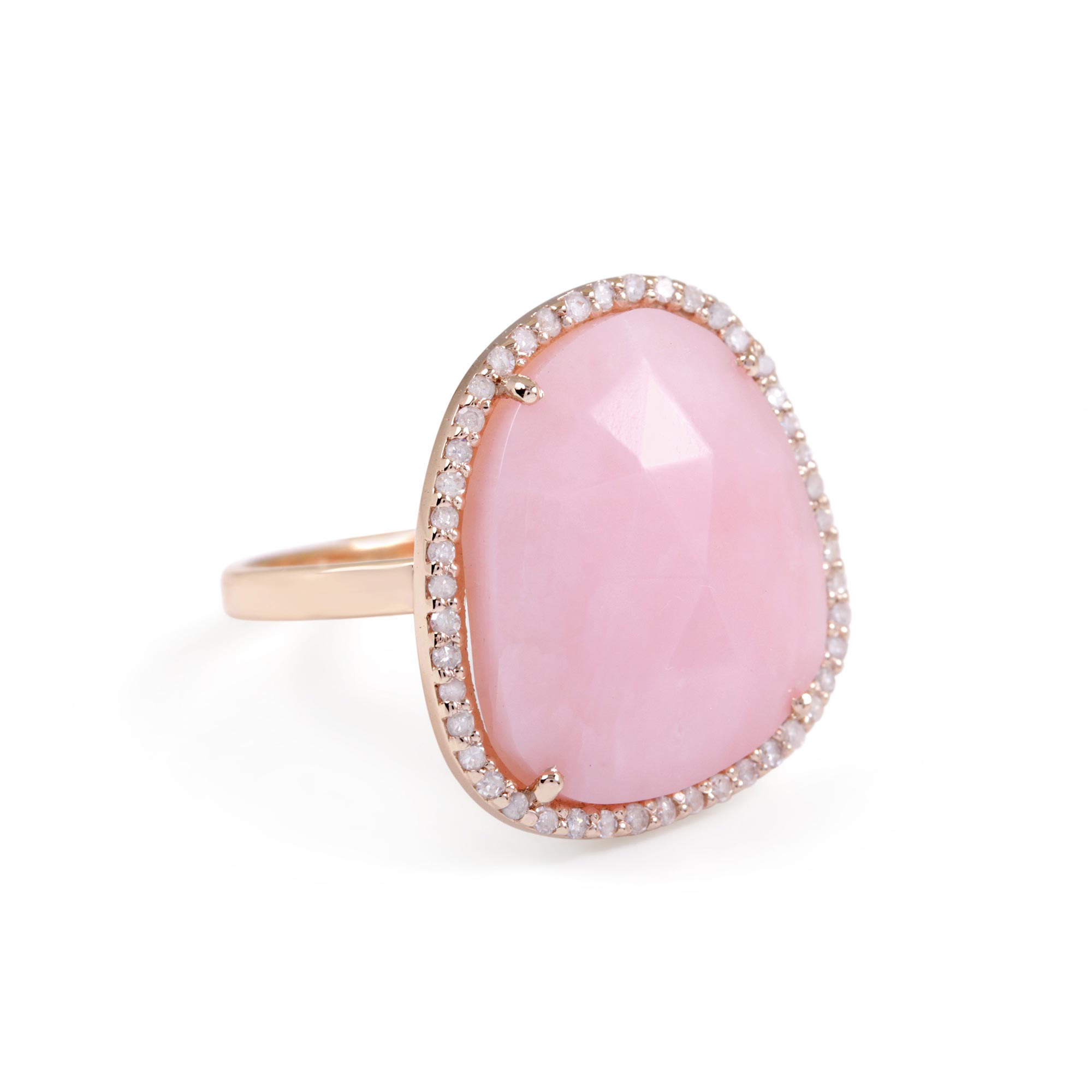 14K Solid Gold Natural Pave Diamond Ring Pink Opal Gemstone Jewelry