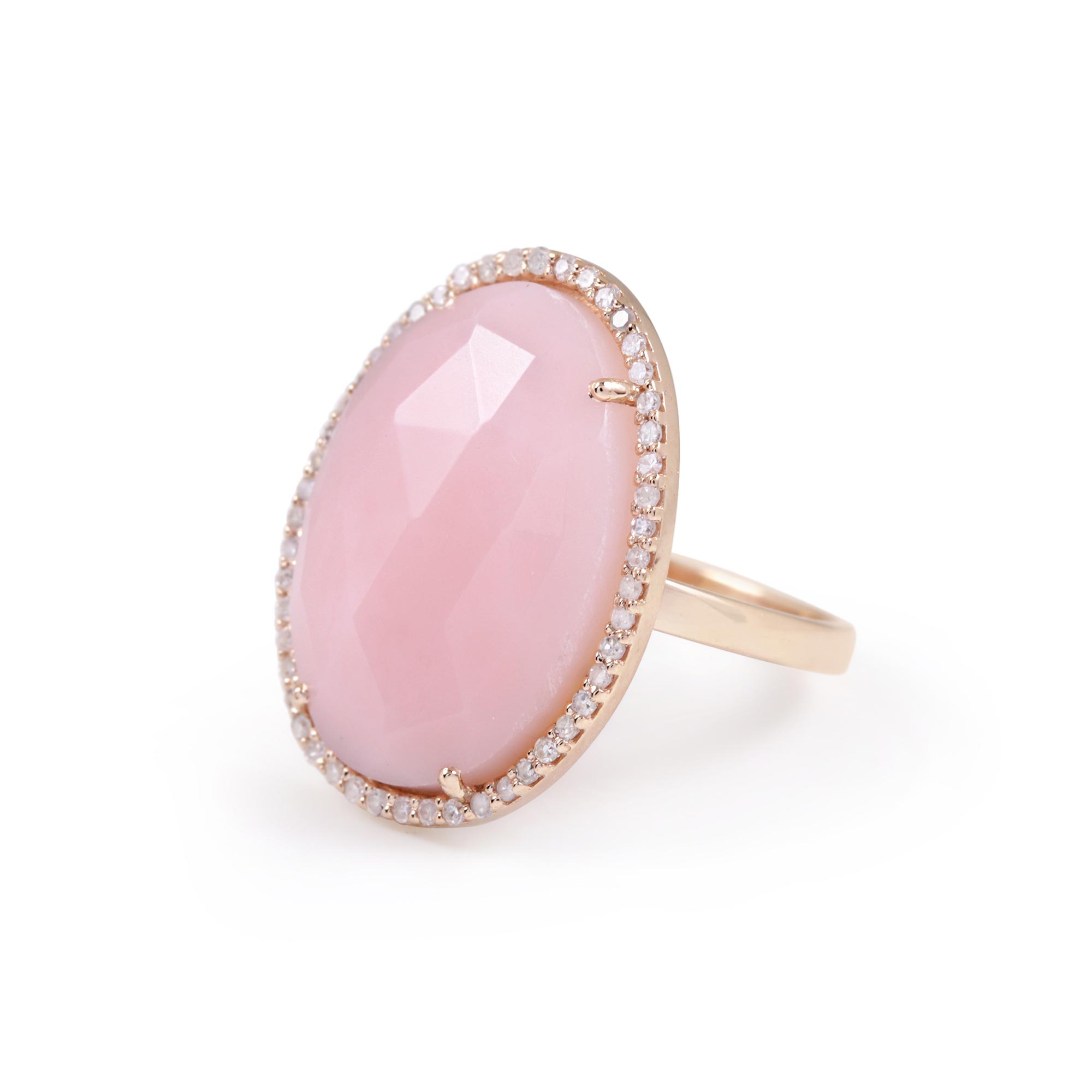 14K Solid Gold Pave Diamond Ring Pink Pink Opal Jewelry