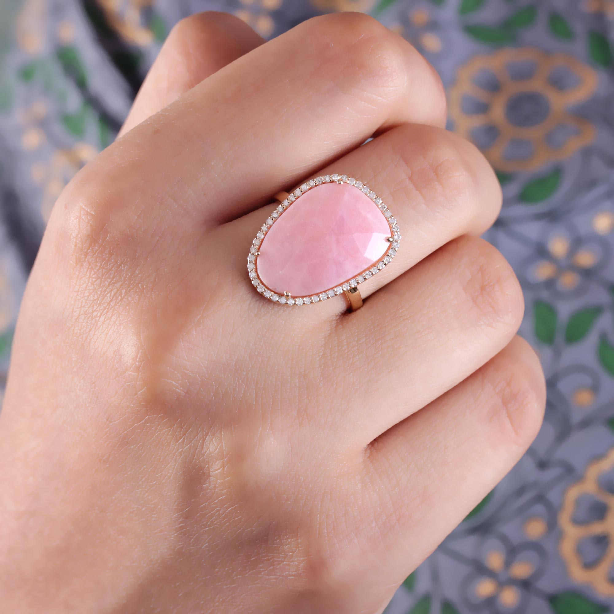 Natural Pave Diamond 14K Solid Gold Ring Pink Opal Gemstone Jewelry