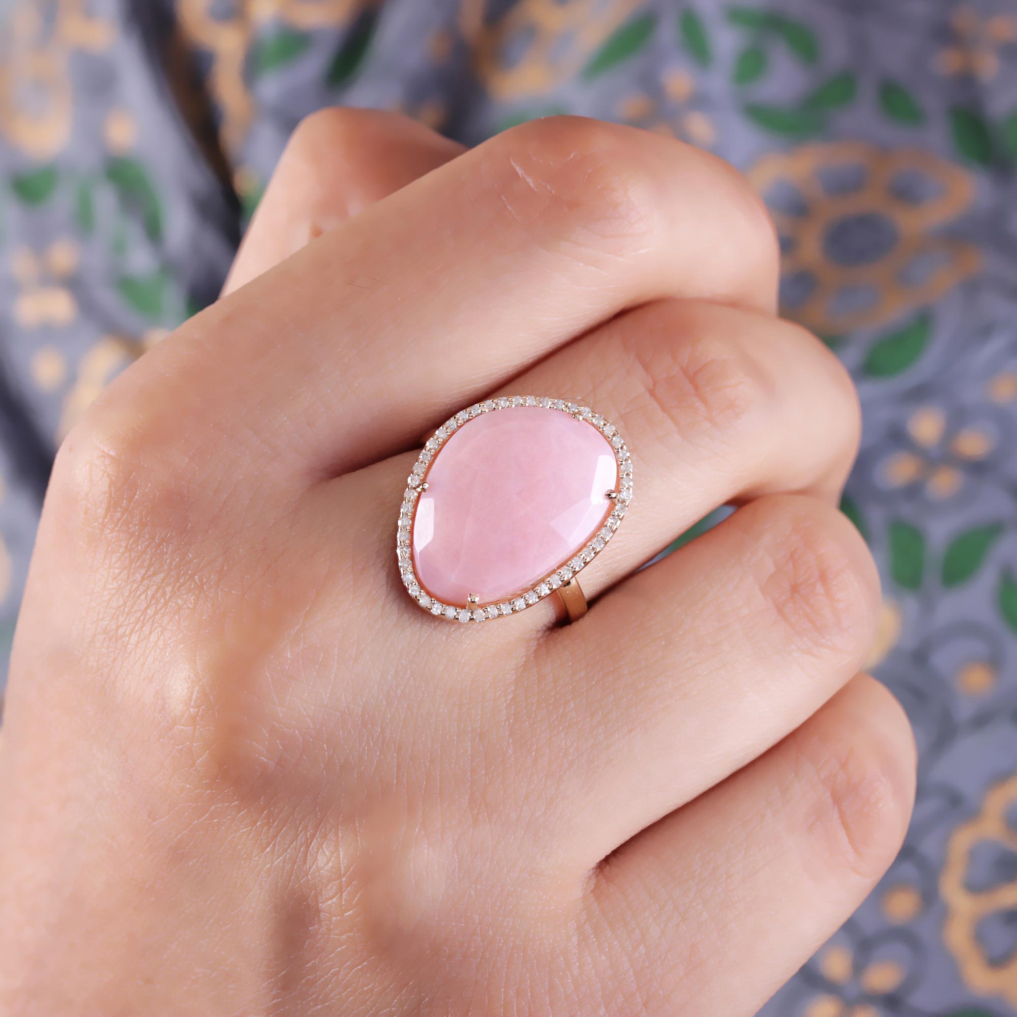 Pink Opal Gemstone Natural Pave Diamond Ring 14K Solid Gold Jewelry