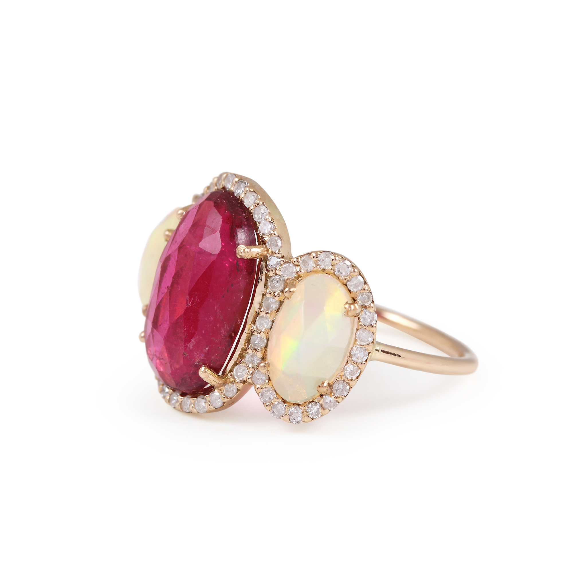 Opal Tourmaline Natural Diamond Solid 14K Gold Ring Three Stone Fine Jewelry