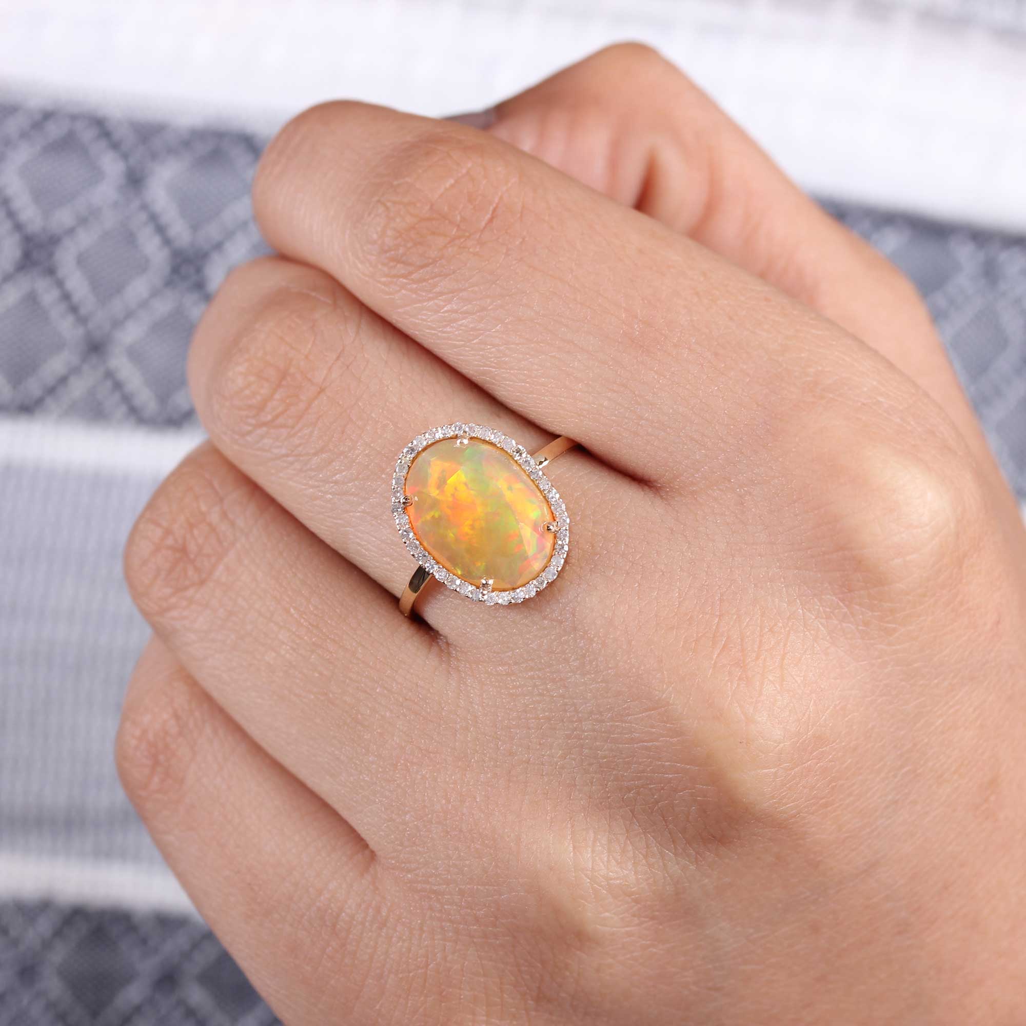 Gemstone Opal Pave Diamond 14K Solid Gold Ring