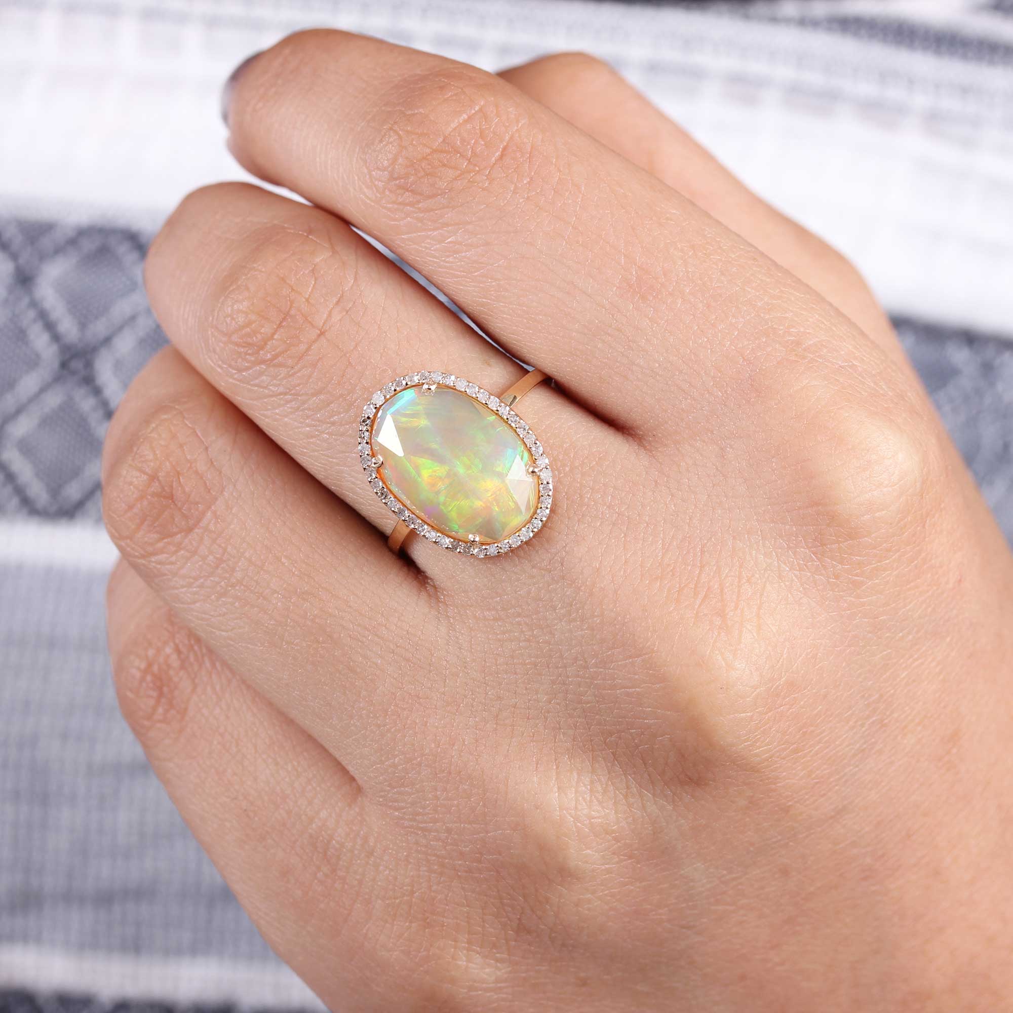 Gemstone Opal Pave Diamond Solid 14K Gold Ring