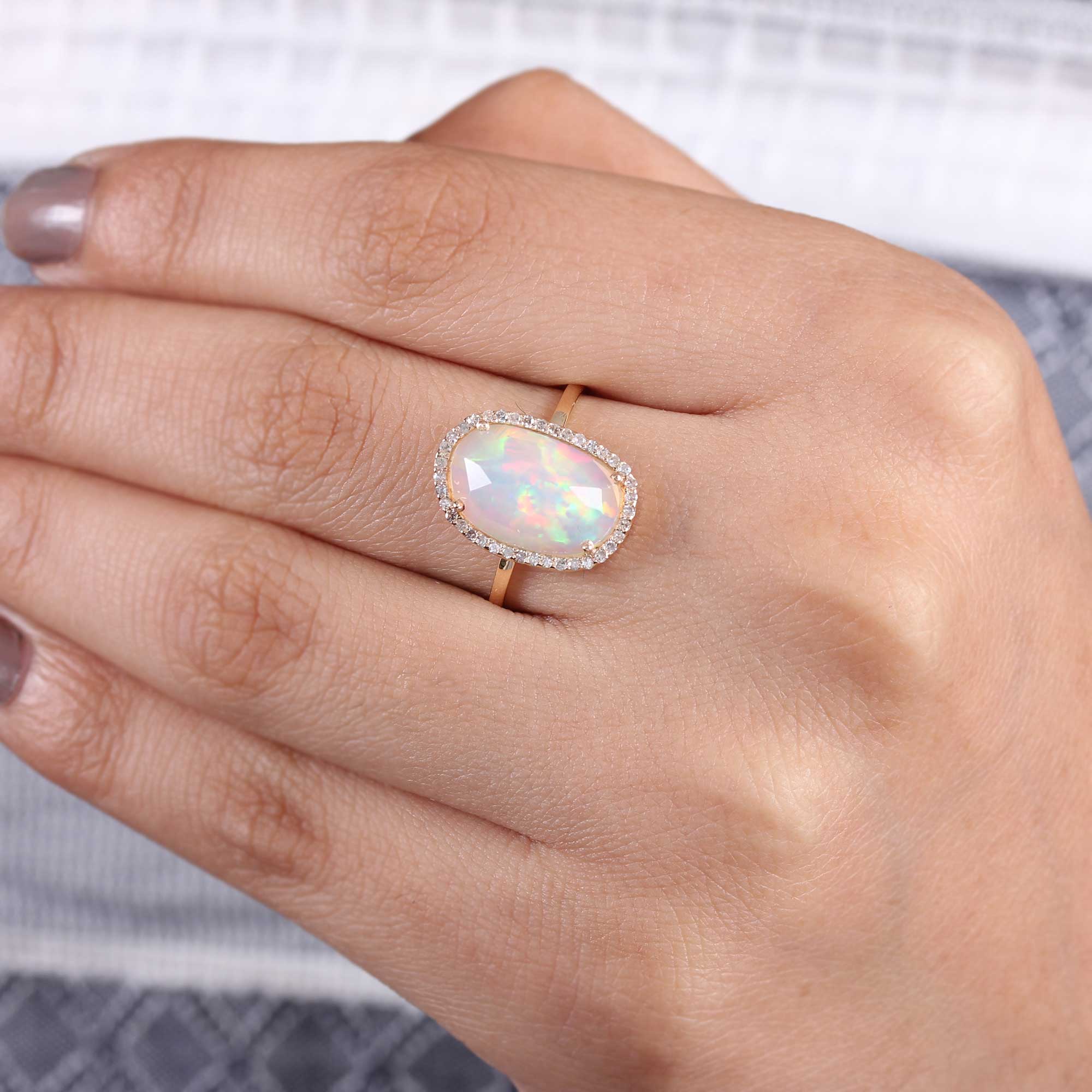 Gemstone Opal Pave Diamond Solid Gold Ring
