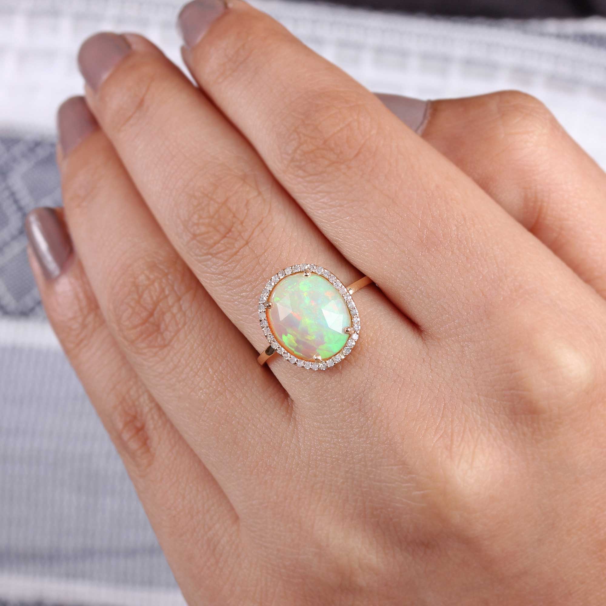 Gemstone Opal Diamond Solid Gold Ring Jewelry