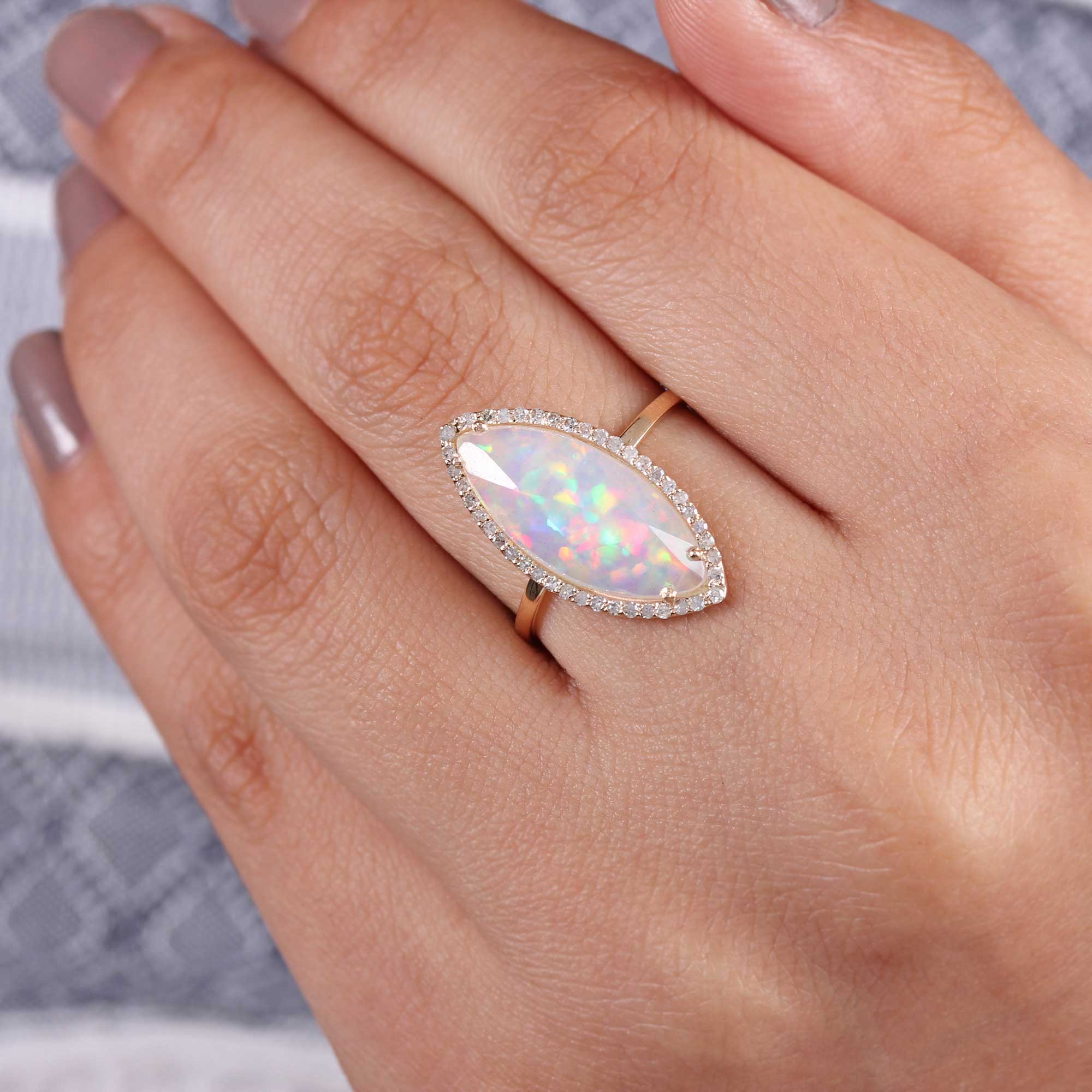 Gemstone Opal Natural Diamond Solid 14K Gold Ring