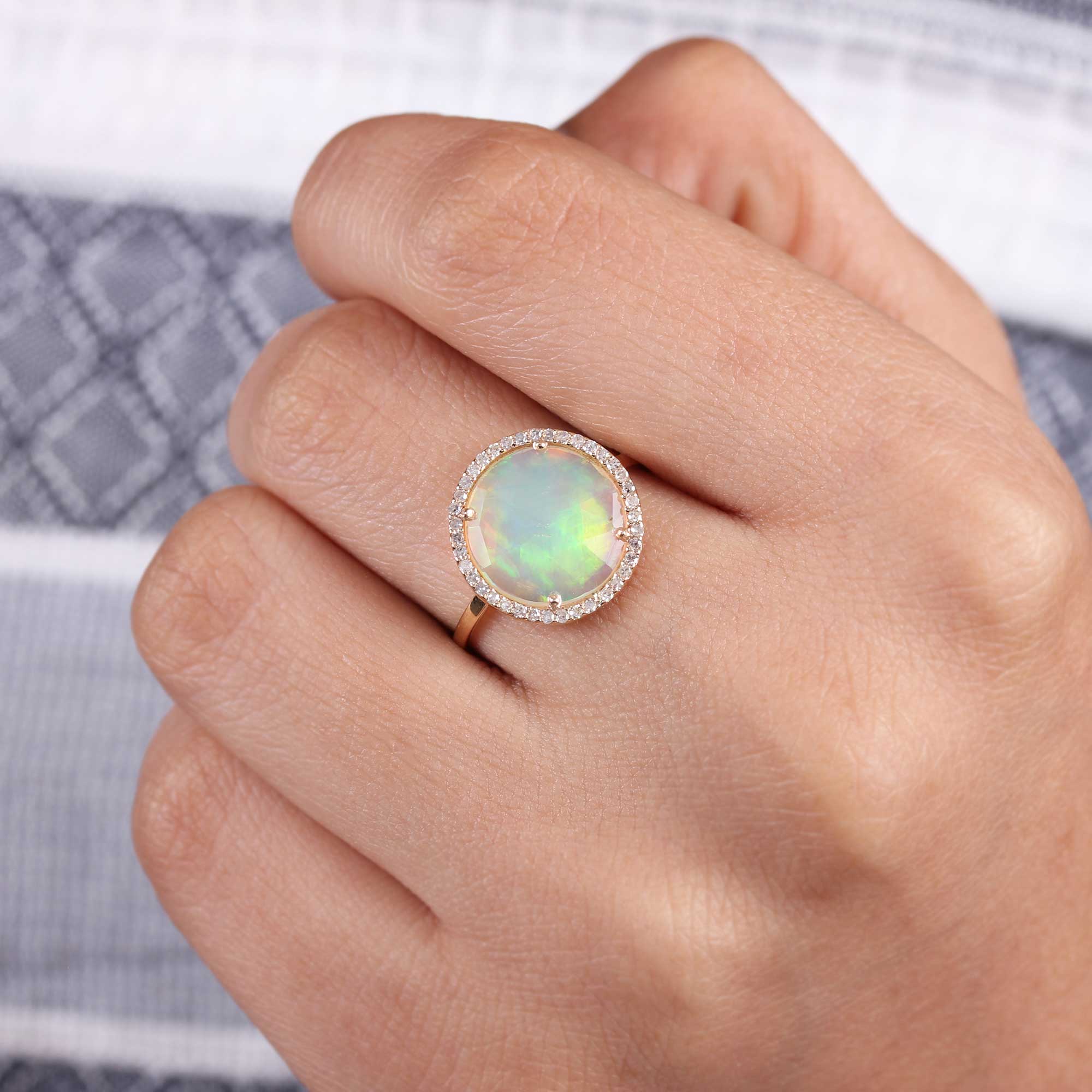 Gemstone Opal Natural Diamond Solid 14K Gold Ring Jewelry