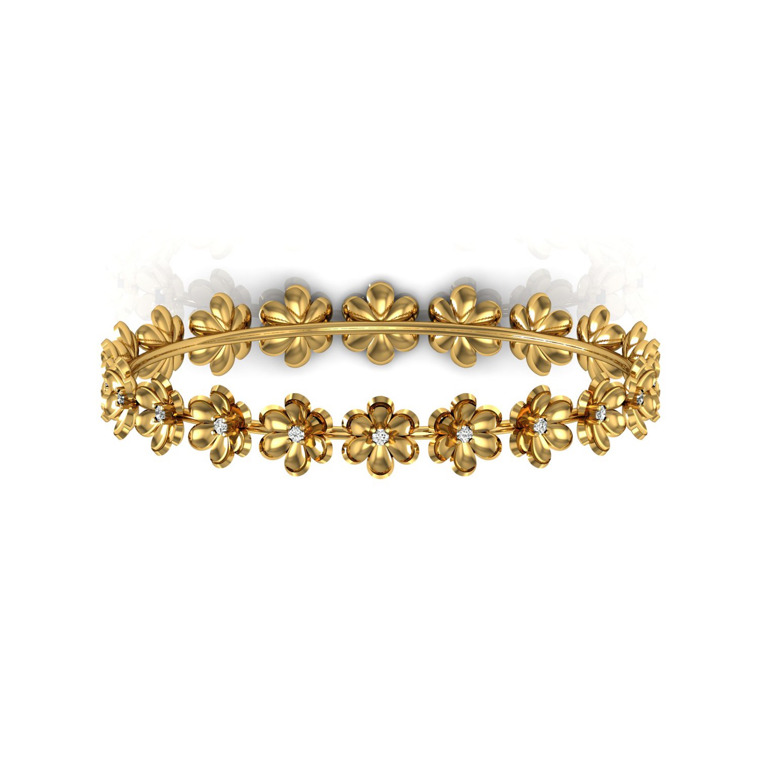 Solid gold real diamond floral design bangle