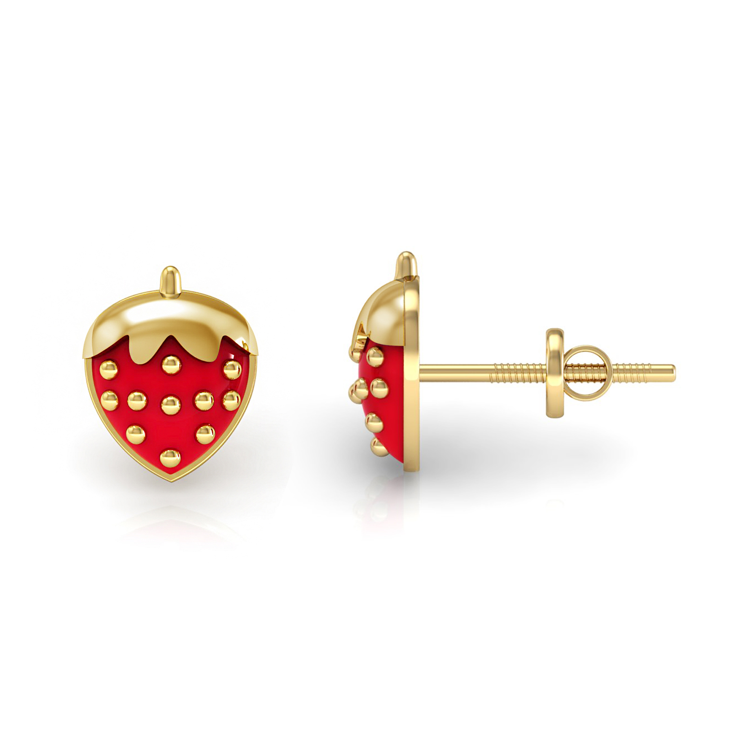 Solid gold cherry shape kids stud earrings enamel jewelry