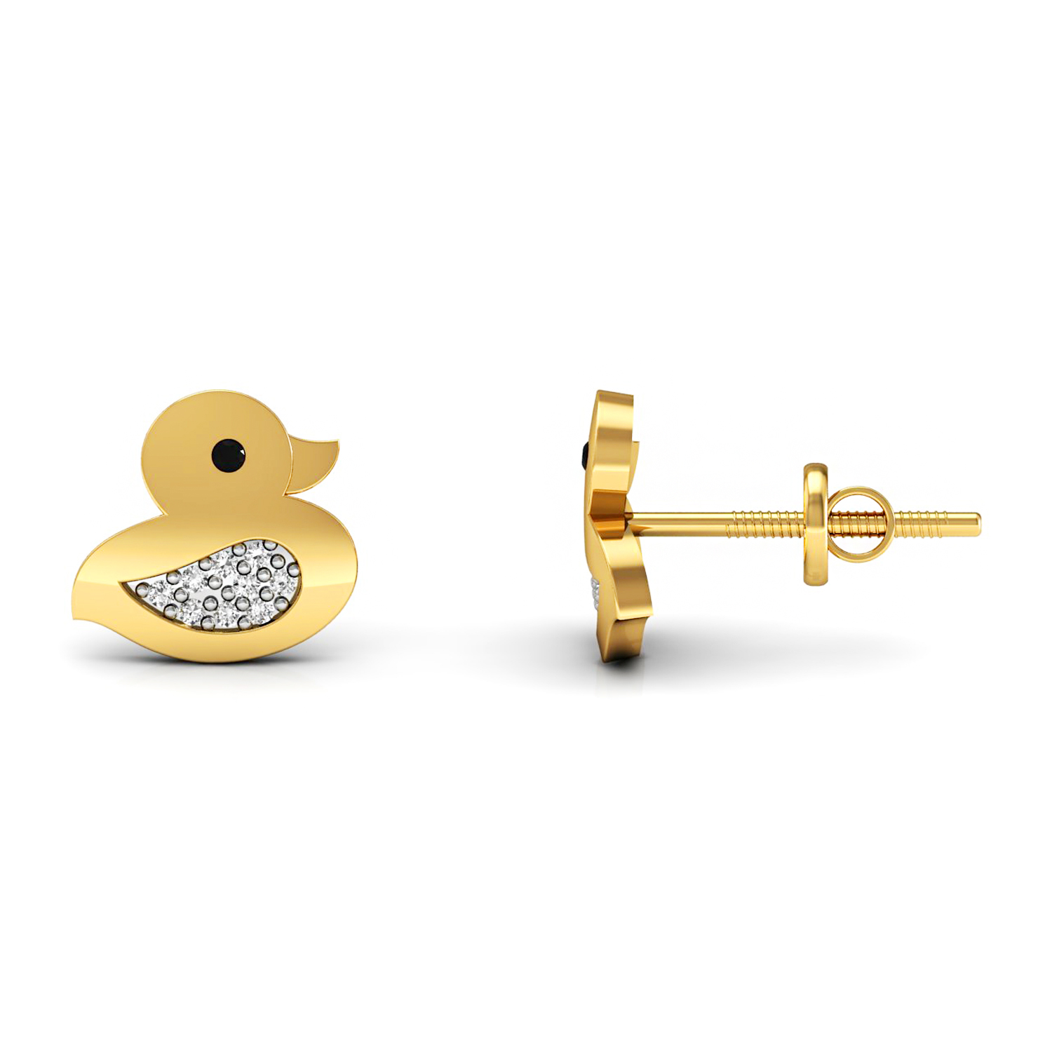 Duck shape kids stud earrings set in solid gold real diamond
