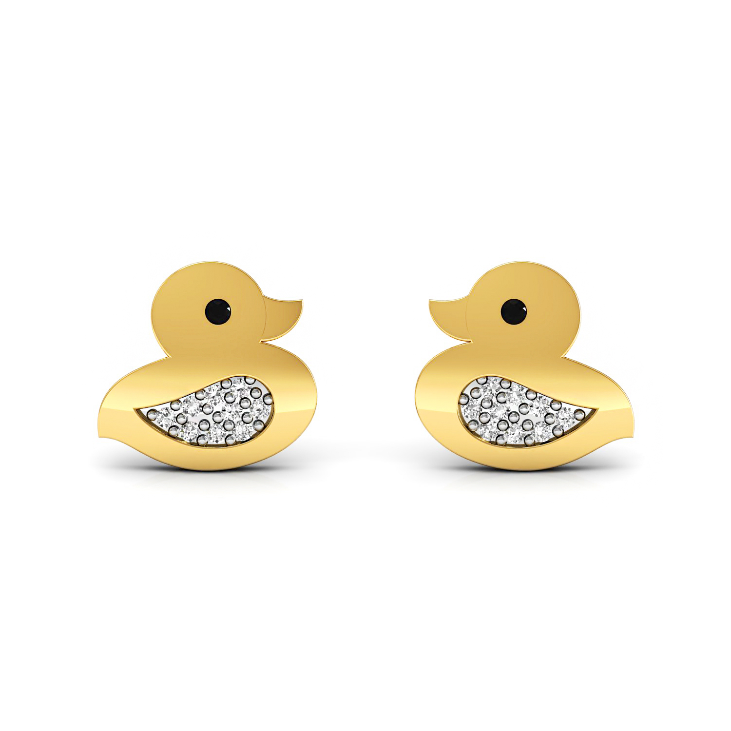 Duck shape kids stud earrings set in solid gold real diamond