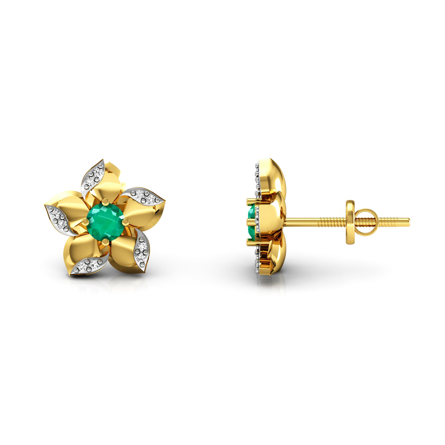 18k solid gold diamond emerald floral kids stud earrings