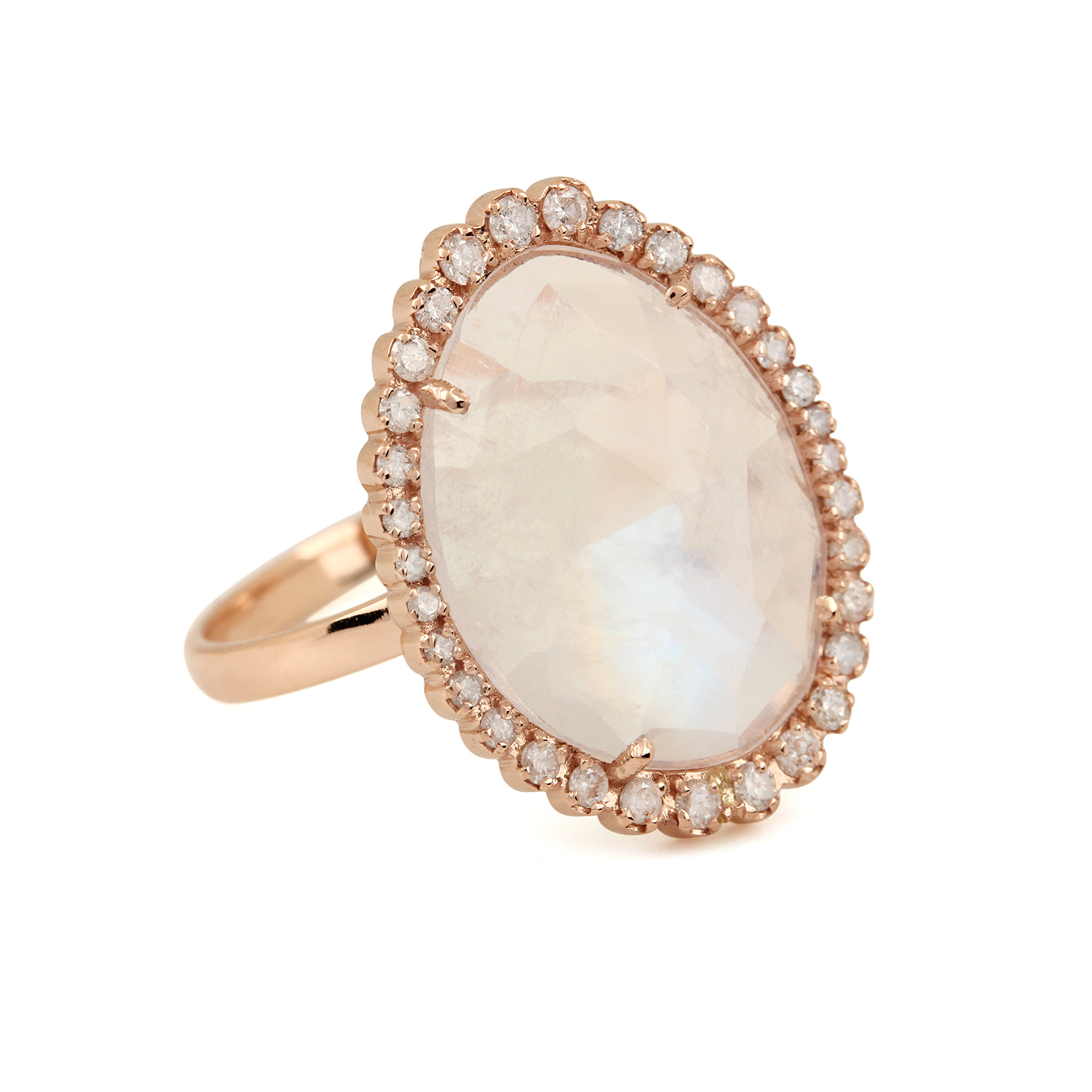 14K Solid Gold Rainbow Moonstone Cocktail Ring Natural Diamond Jewelry