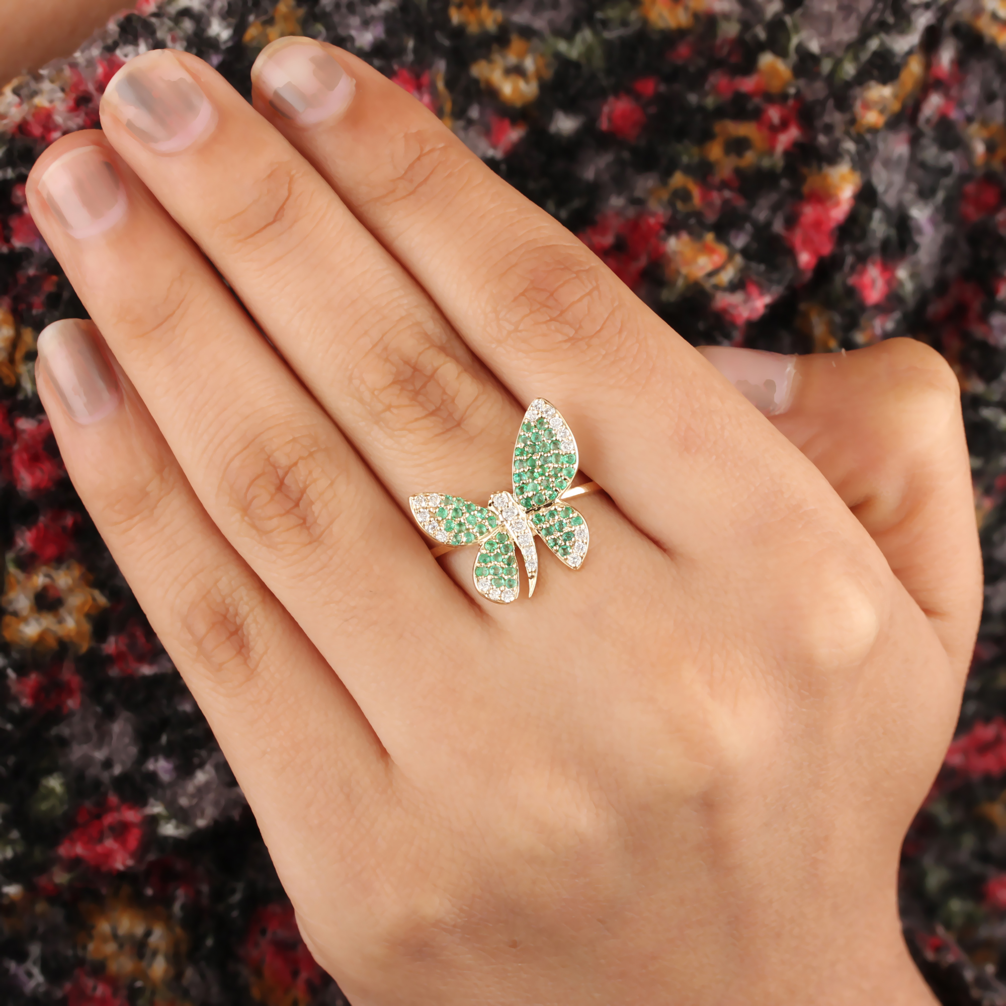 Emerald Gemstone Ring Butterfly Ring 14K Solid Gold Pave Diamond Jewelry